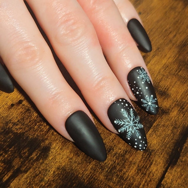 Matte Black Christmas Press on Nails, Snowflakes Nails, Handmade Black  Holiday Nails, Glue on Nails - Etsy