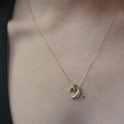 Crescent Moon Star Necklace, 14k Solid Gold Necklace, Dainty Moon Star ...