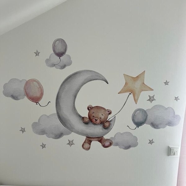 Wandtattoo Bär Auf Dem Mond – Süße Deko Fürs Kinderzimmer, Abziehbar & Rückstandsfrei
