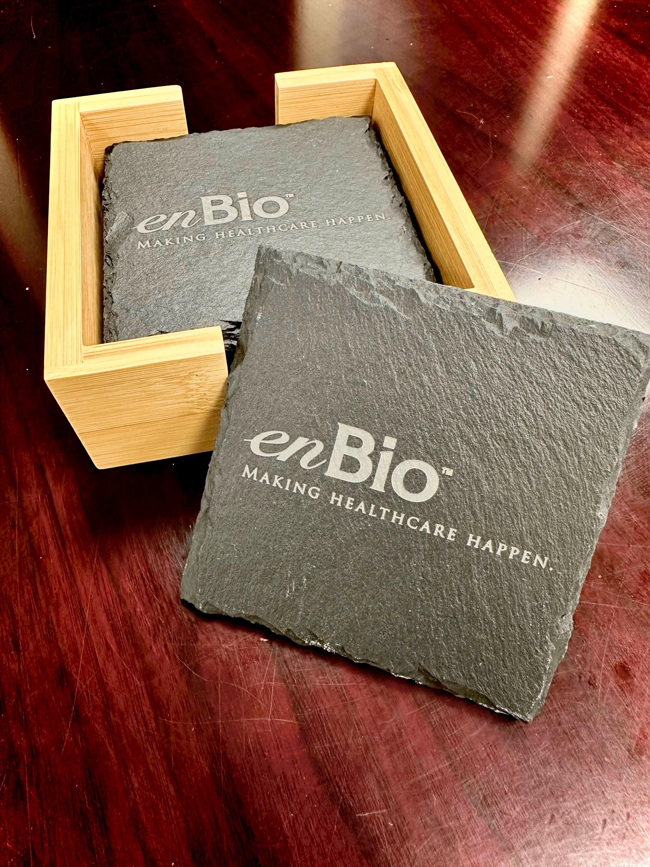 Customer photo of Set of 4 Custom Logo Engraved Slate Coasters with Bamboo Coaster Holder from Jaime