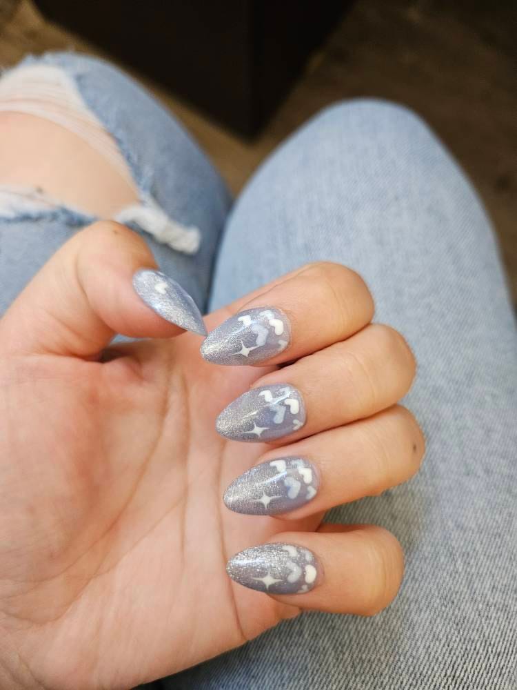 New Version | Short Baby Blue Reflective Cat Eye Little Heart Press On Nails | Gel Nails | Heart Nails | Cat Eye Nails | lmz142