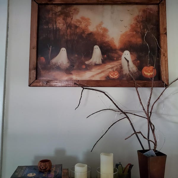 Framed Vintage Ghosts In Meadow Wall Art - Halloween & Fall Decor Canvas Print With Gold Frame (8x10")