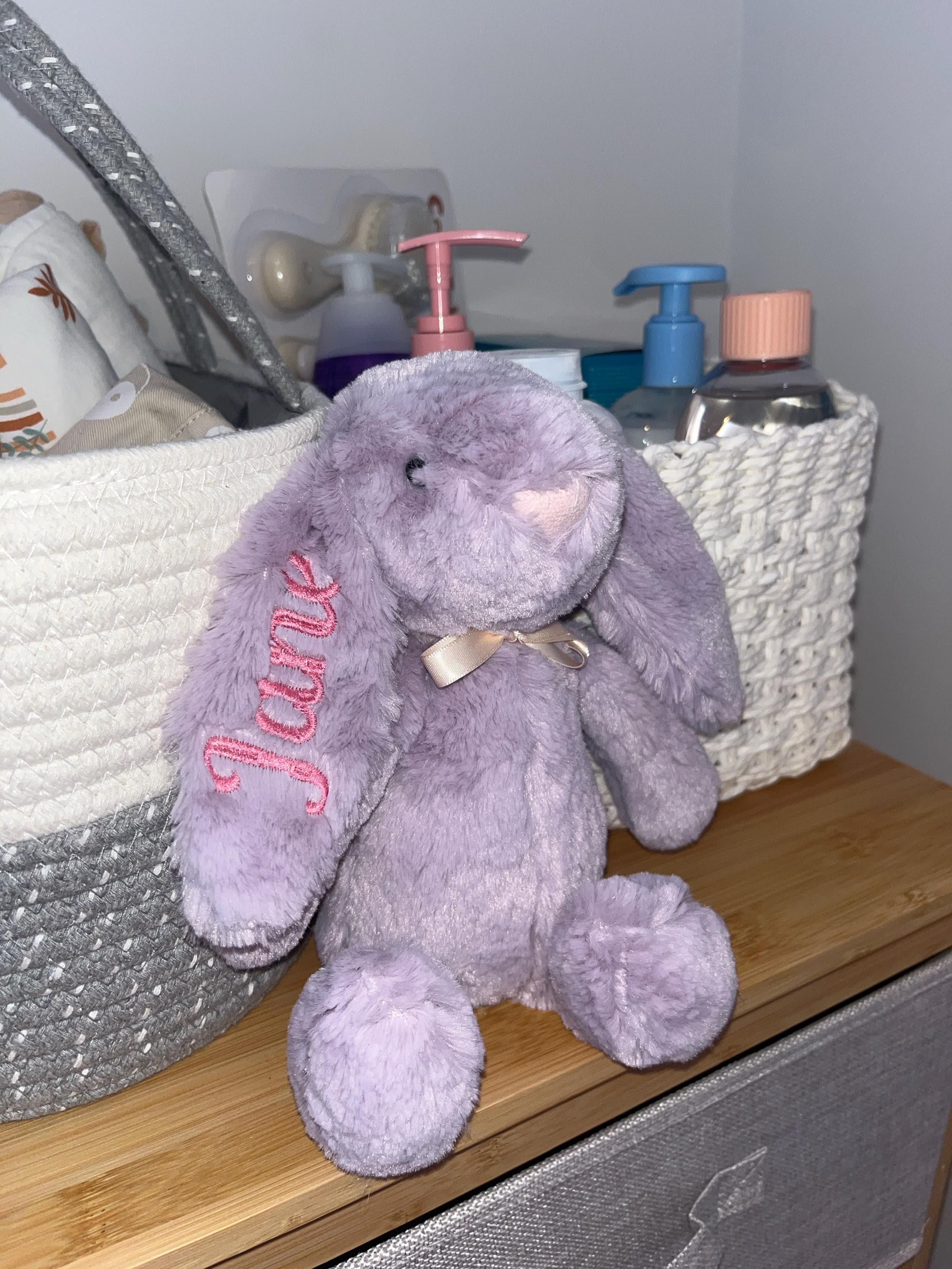 Personalised Plush Bunny Rabbits for children and babies. Floppy ear Rabbit for Easter or Birth. Customise text and colours. Embroidered ear