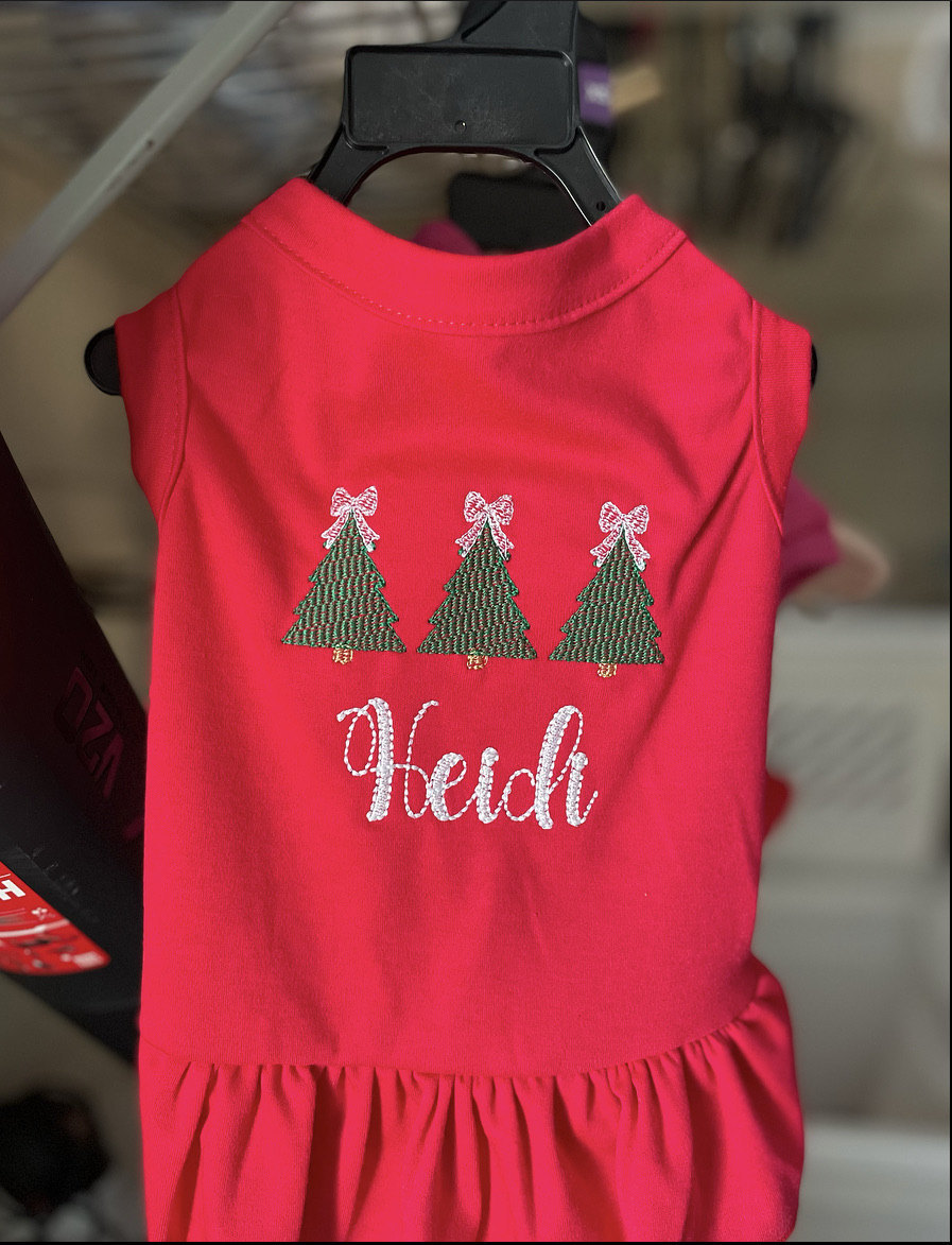 Christmas Dog Shirt or Dress, Christmas Bow Tree Sketch Trio Monogrammed Shirt, Beautiful Personalized Embroidered Holiday Puppy Clothing