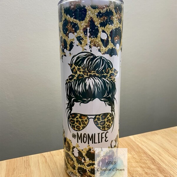 20 OZ Glitter Leopard Mom Life Messy Bun Skinny Tumbler Design ...