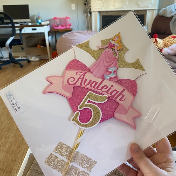 Sleeping Beauty Gold Glitter Crown Pink Heart Cake Topper - Princess ...