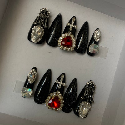 Black Emo/goth Press on Nails With Silver and Red Charms - Etsy