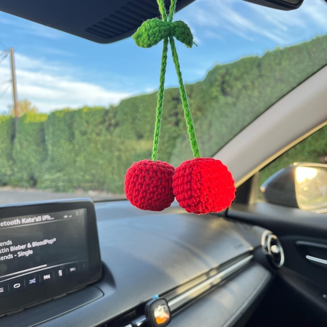 Crochet Cherry Car Mirror Hanging: Handmade Knitted Car Accessory