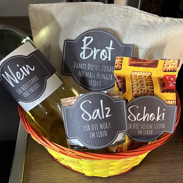 Geschenk Einzug Brot Salz Wein Spruch Etiketten · Brot, Salz, Wein, Schoki | Einzugsgeschenk | Geschenk zur