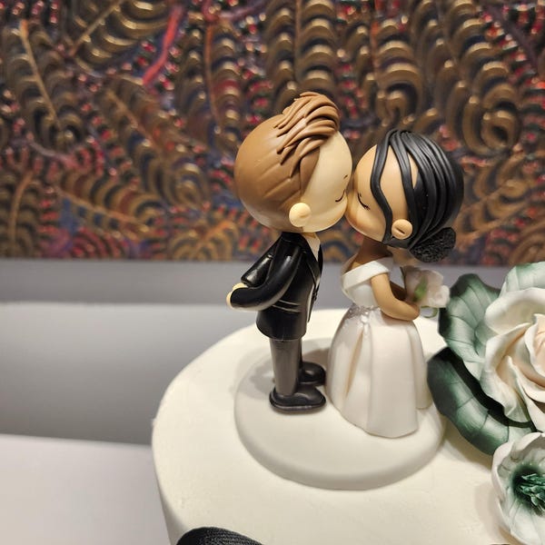 Custom Bride & Groom Wedding Cake Topper, Curly Bun Bride and Buzz Cut ...