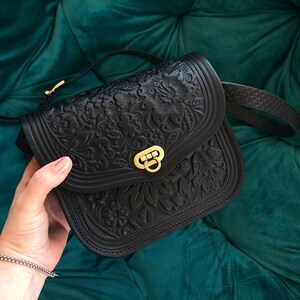 Black Genuine Leather Bag With Embossed Floral Print Unique 