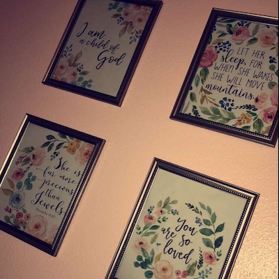Floral Nursery Prints Set of 4, Printable Baby Girl Decor, Christian ...