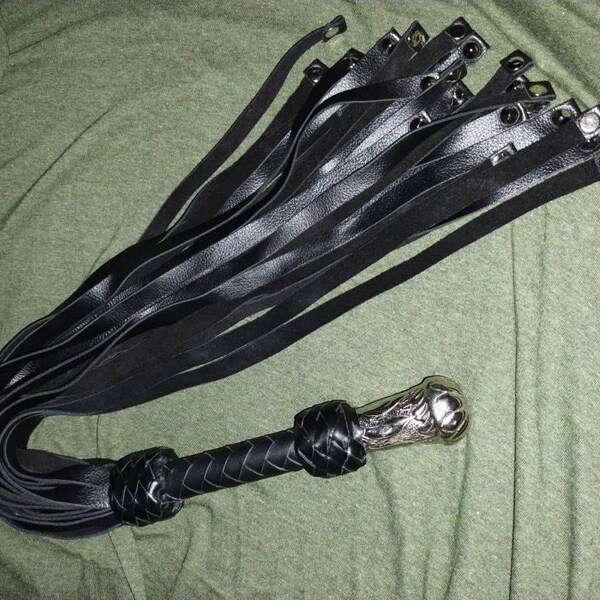 Real Cow Hide Leather Flogger - 25 Falls, Black, Steel Studded - LB's Whip