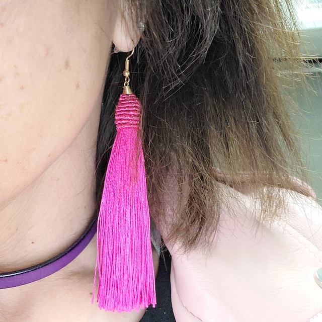 Neon pink tassel earrings sale