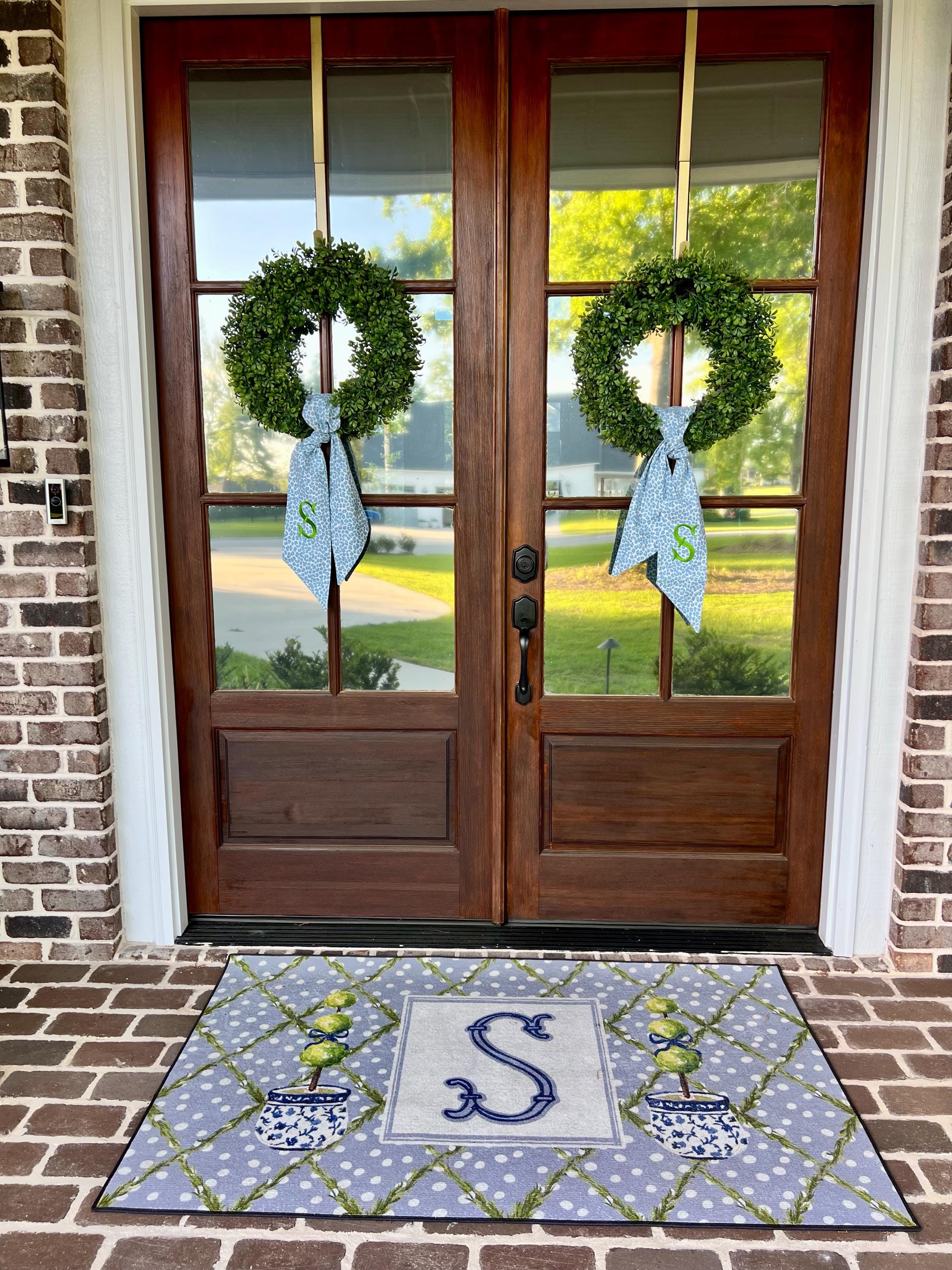 Monogram chinoiserie blue leopard wreath sash for front door, personalized embroidered spring wreath sash, custom wedding bridal shower gift