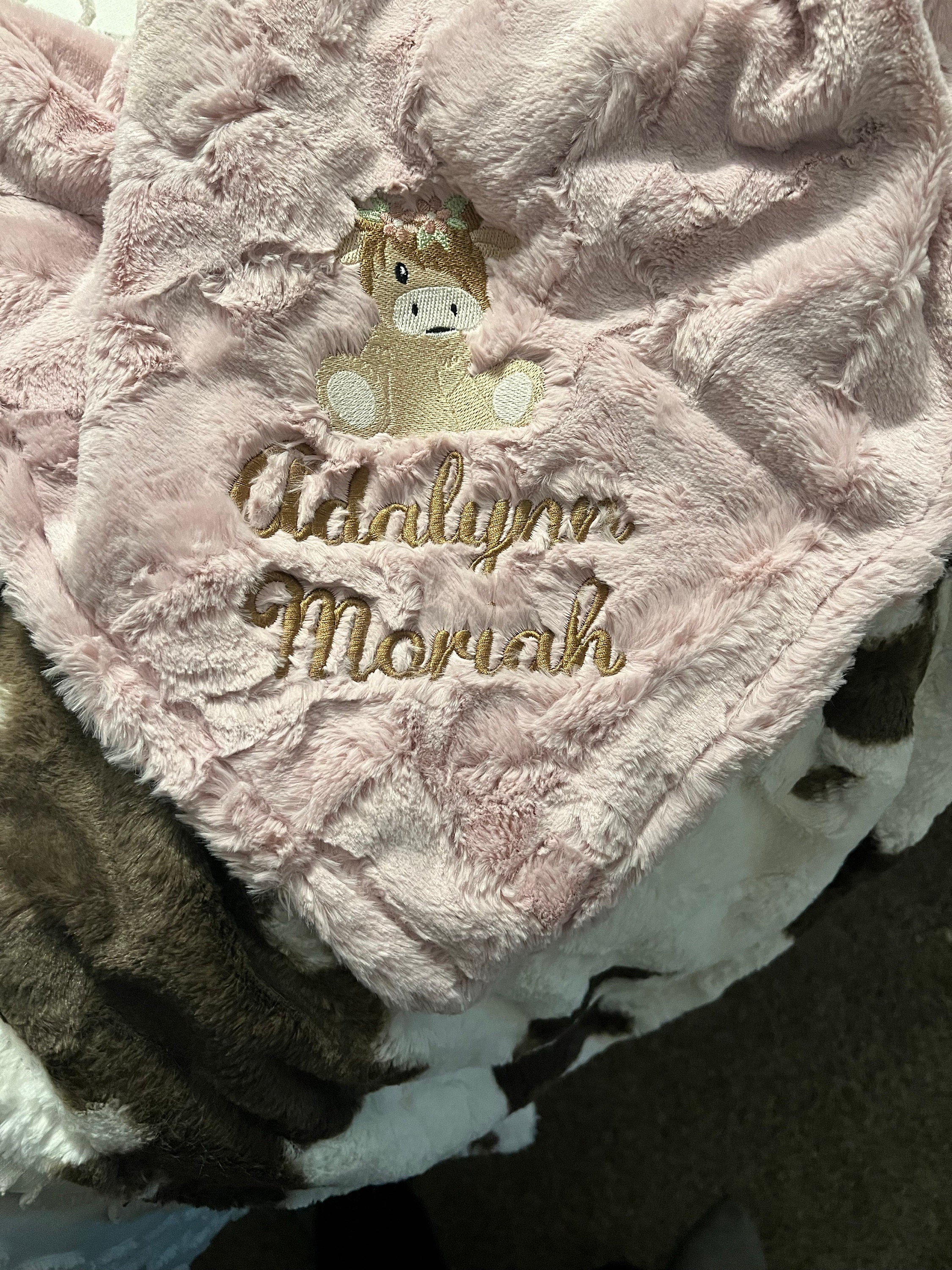 Personalized Baby Blanket, Embroidered Girl Highland Cow Blanket, Baby Cow Newborn Gift, Baby Shower Gift