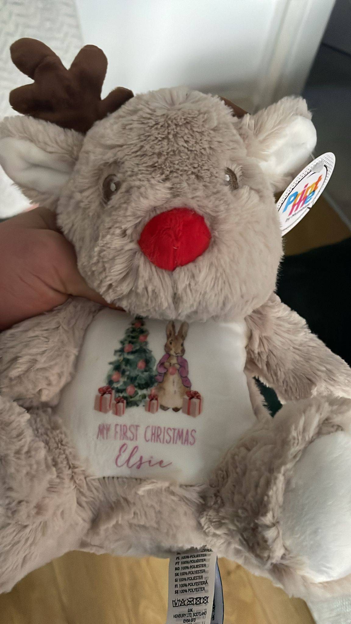 Personalised Small Rudolf Reindeer Christmas Teddy Bear Plushie Baby&#39;s First 1st Xmas Children&#39;s Kids Name Gift Present Keepsake