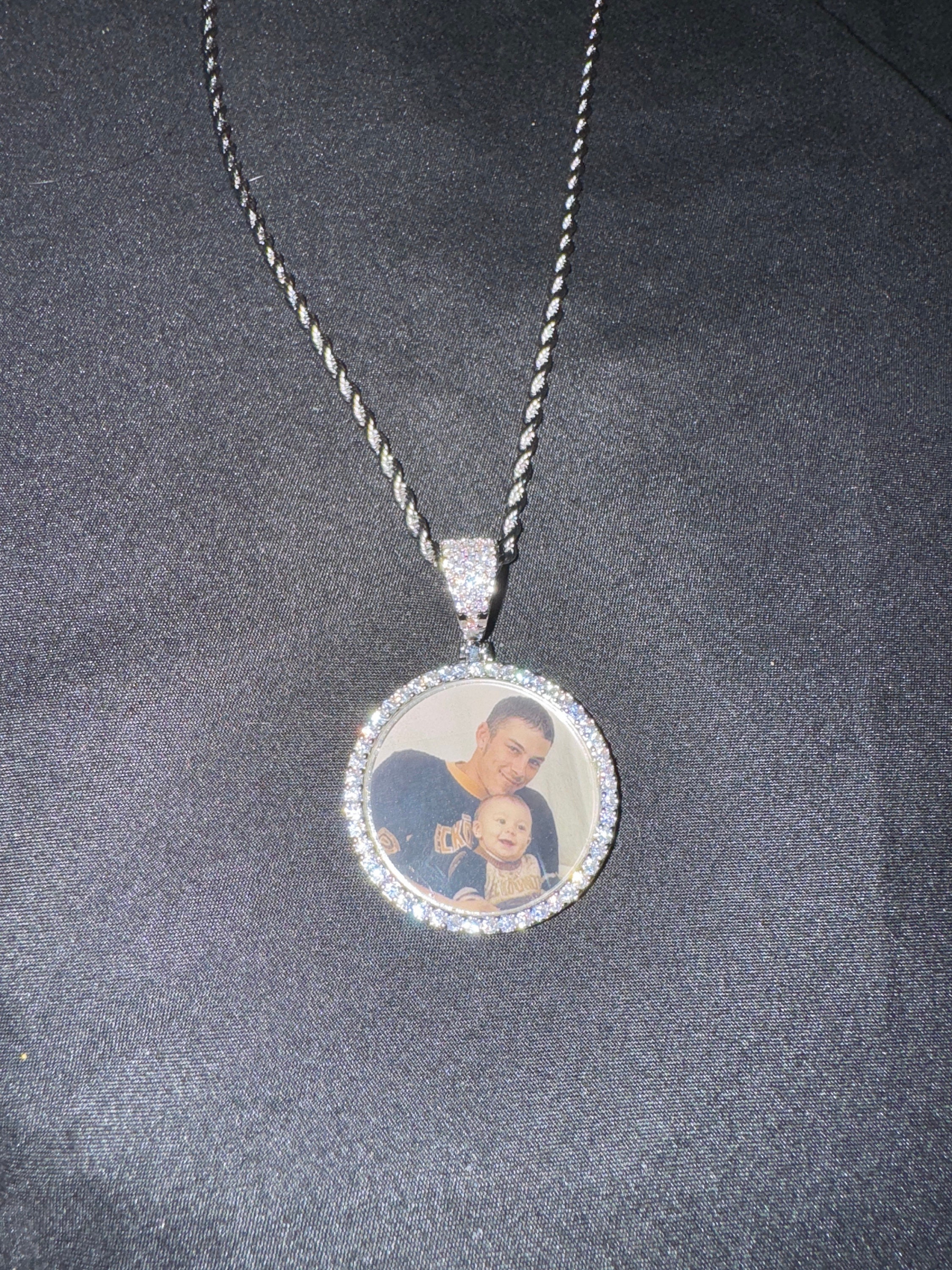 Personalized Diamond Studded Angel Wings Photo Necklace, Photo Necklace, Hip Hop Photo Pendant, Iced Custom Round Photo Pendant