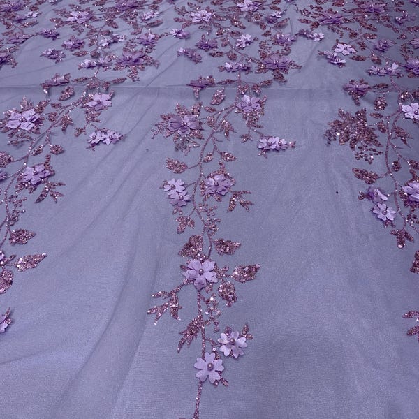 Lilac 3D Flower Glitter Sequin Fabric by the Yard, 3D Floral Glitter ...