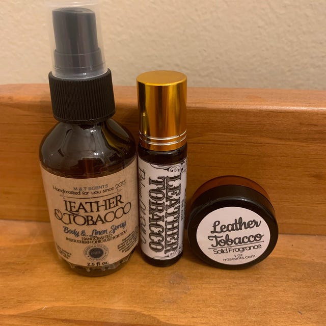cologne that smells like leather and tobacco LEATHER AND TOBACCO scented 3 piece ~ (1) Body Spray, (1) Roll-On Perfume  (1) Solid Perfume Set, Distinct, rich and sensual smell of Leather