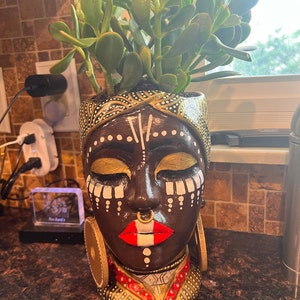 African Queen Human Face Shaped Flower Pot Female Head Planter Concrete ...