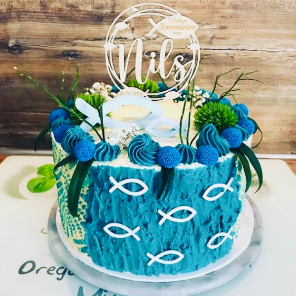 Personalisierter Caketopper, Kommunion Kranz mit Fisch