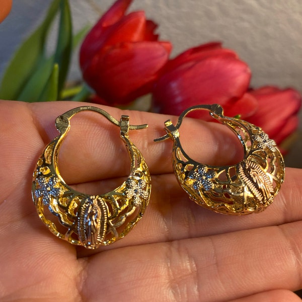 Our Lady Of Guadalupe Heart Earrings - 3 Color Gold Plated Drop Dangle Leverback