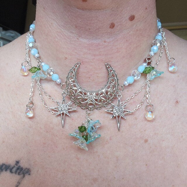 Crescent Moon Necklace With Stars and Flowers, Light Blue