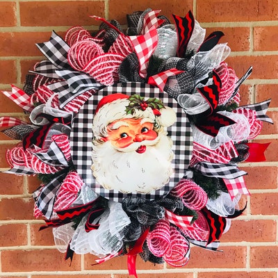 Buffalo Plaid Black and White Retro Santa Sign Santa Wreath - Etsy