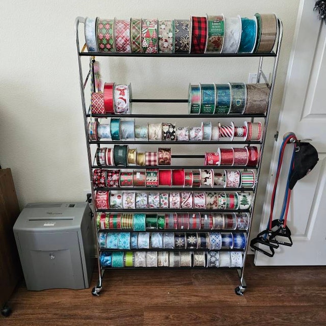 16-Tier Double Sided Ribbon Organizer Rack, Metal Ribbon Storage Holder With Wheels, Wrapping Paper Rack, Vinyl Rolls Storage Display Stand For Craft
