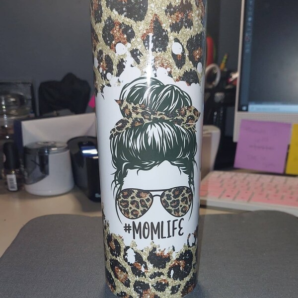 20 OZ Glitter Leopard Mom Life Messy Bun Skinny Tumbler Design ...