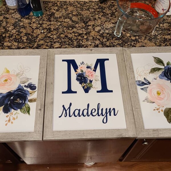 Floral Girl Nursery Wall Art Watercolor Blush Pink Coral Navy Blue Name ...