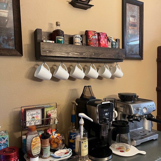Shari Coffee Bar Shelf With Small Cup Hooks // Coffee Bar Beverage