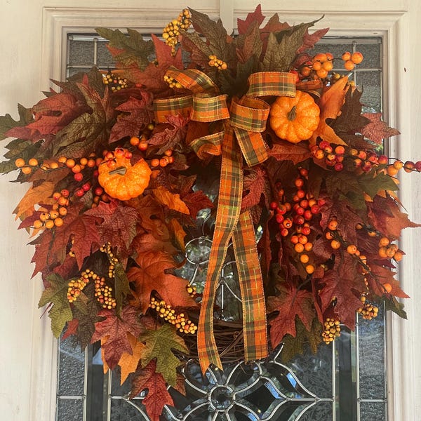 Fall Maple Leaves Wreath With Pumpkins, Front Door Wreath for Autumn ...