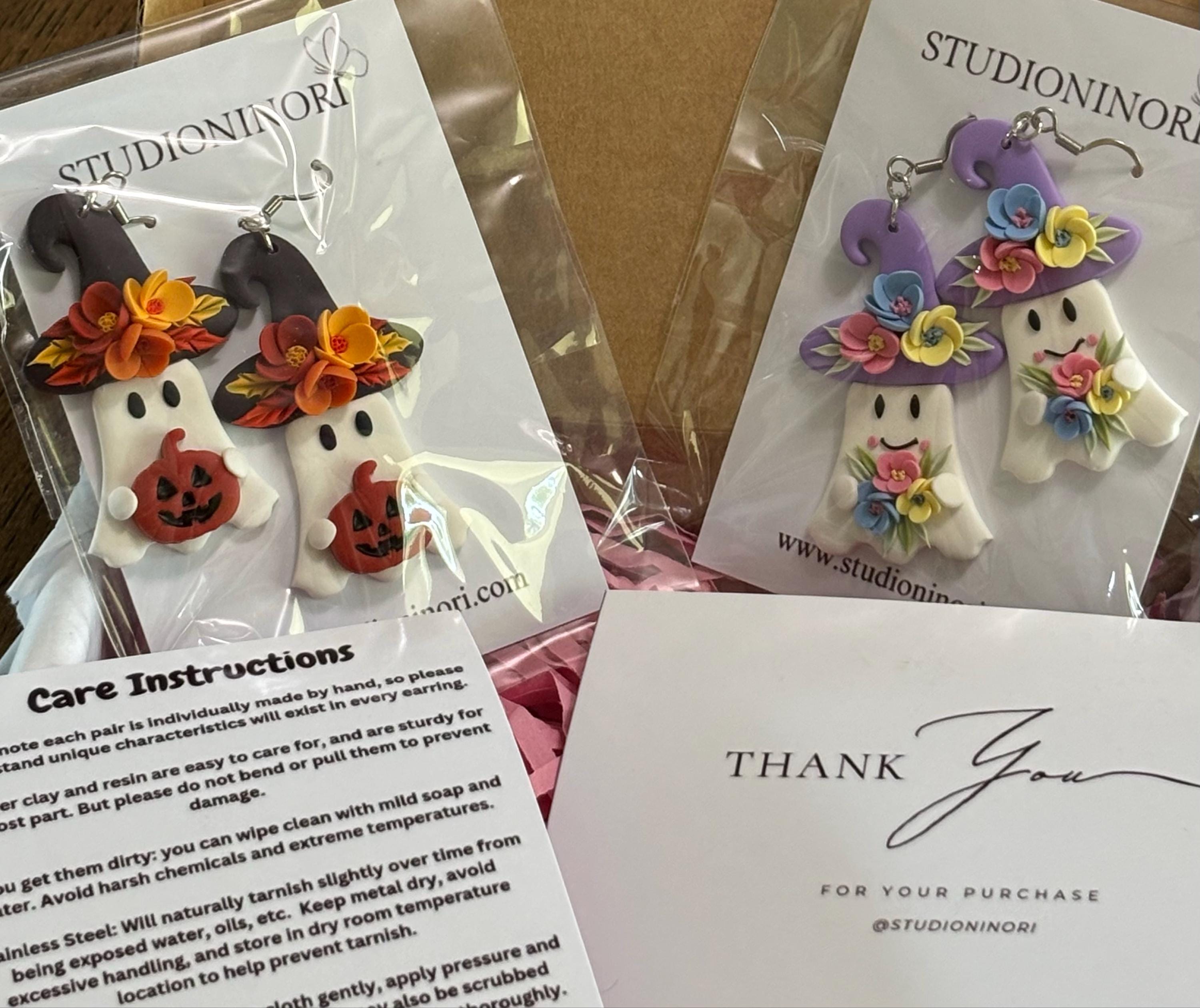 Floral Ghost Witches Dangle/ Halloween Earring/ Polymer Clay Earring