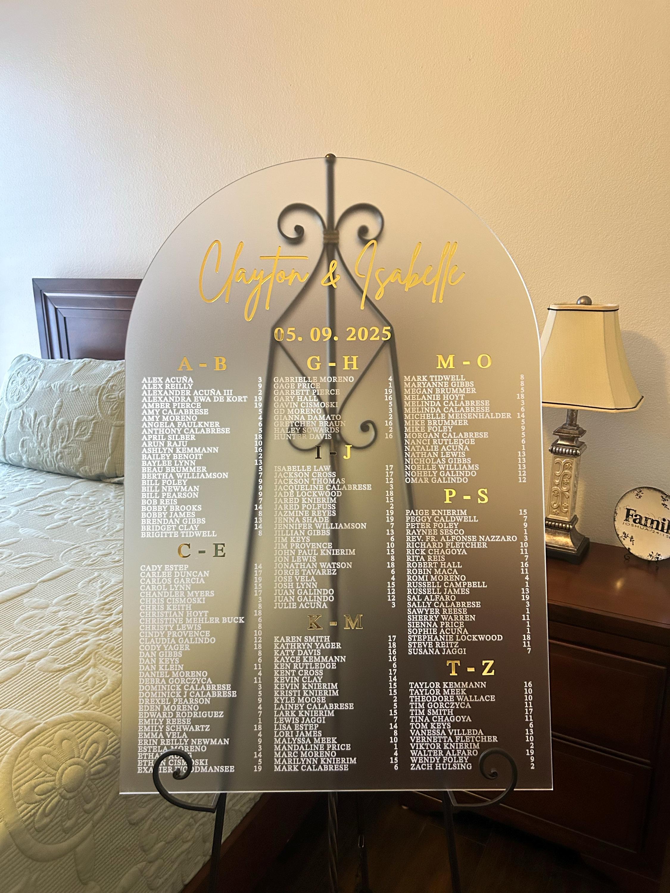 Sitzplan für die Hochzeit – Acryl-Sitzplan – Tisch-Sitzplan – Alphabetischer Sitzplan – Sitzplanschild