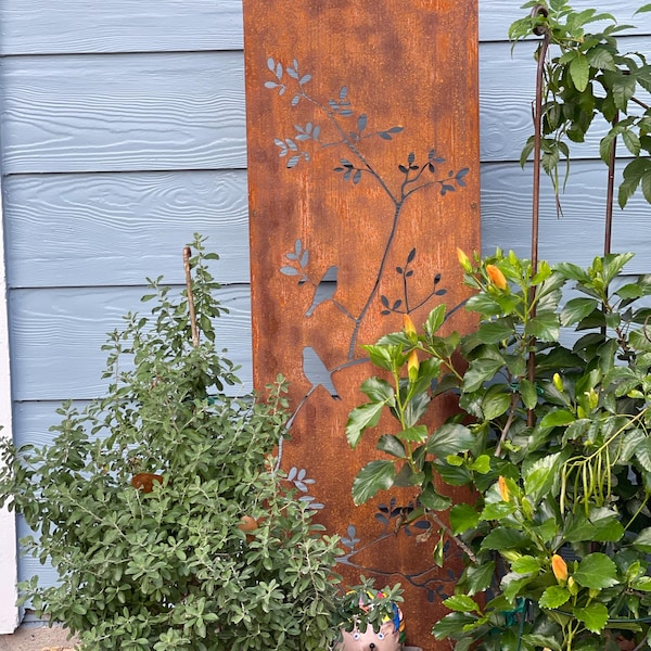 Rusty Metal Privacy Screens, Birds on Branches W/ Garden Stakes, Metal ...
