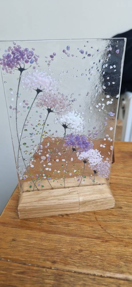 Whimsical Purple and pink mix Flowers fused glass Art Picture Sun Catcher & Wooden Display Stand