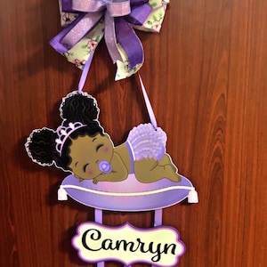 Baby girl African American purple outfit  door hanger , hospital door hanger, personalized baby girl name, newborn announcement