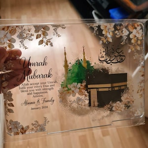 Umrah Mubarak Personalised Photo Gift for Family, Eid, Ramadan, Islamic Gifts, Photo, Name and Month, Acrylic Plate with Stand Umrah Mubarak Personalised Photo Gift for Family, Eid, Ramadan, Islamic Gifts, Photo, Name and Month, Acrylic Plate with Stand
