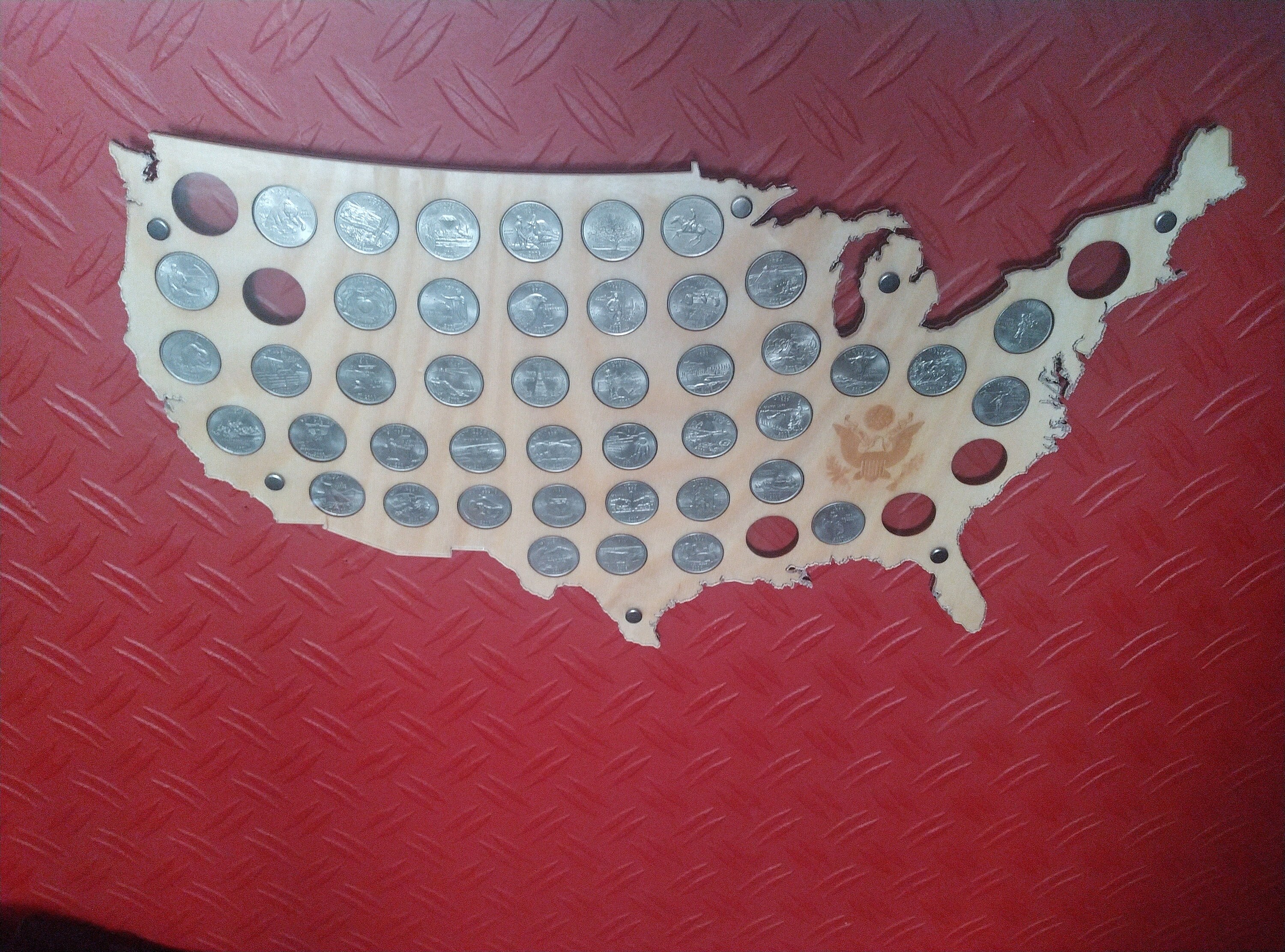 The US 50 State Quarter coin holder (for 50 or 56 coins), Wooden Map Display