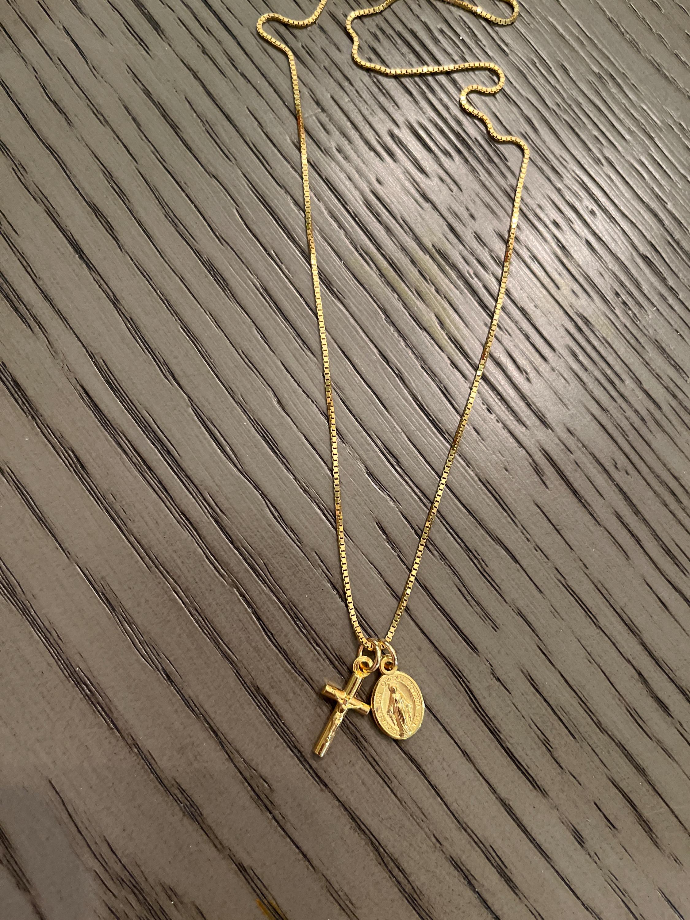 Tiny Gold Tone Miraculous Medal, Virgin Mary Miraculous Medal, Gold Plated Sterling Box Chain, Virgin Mary Medallion, Tiny Gold Cross