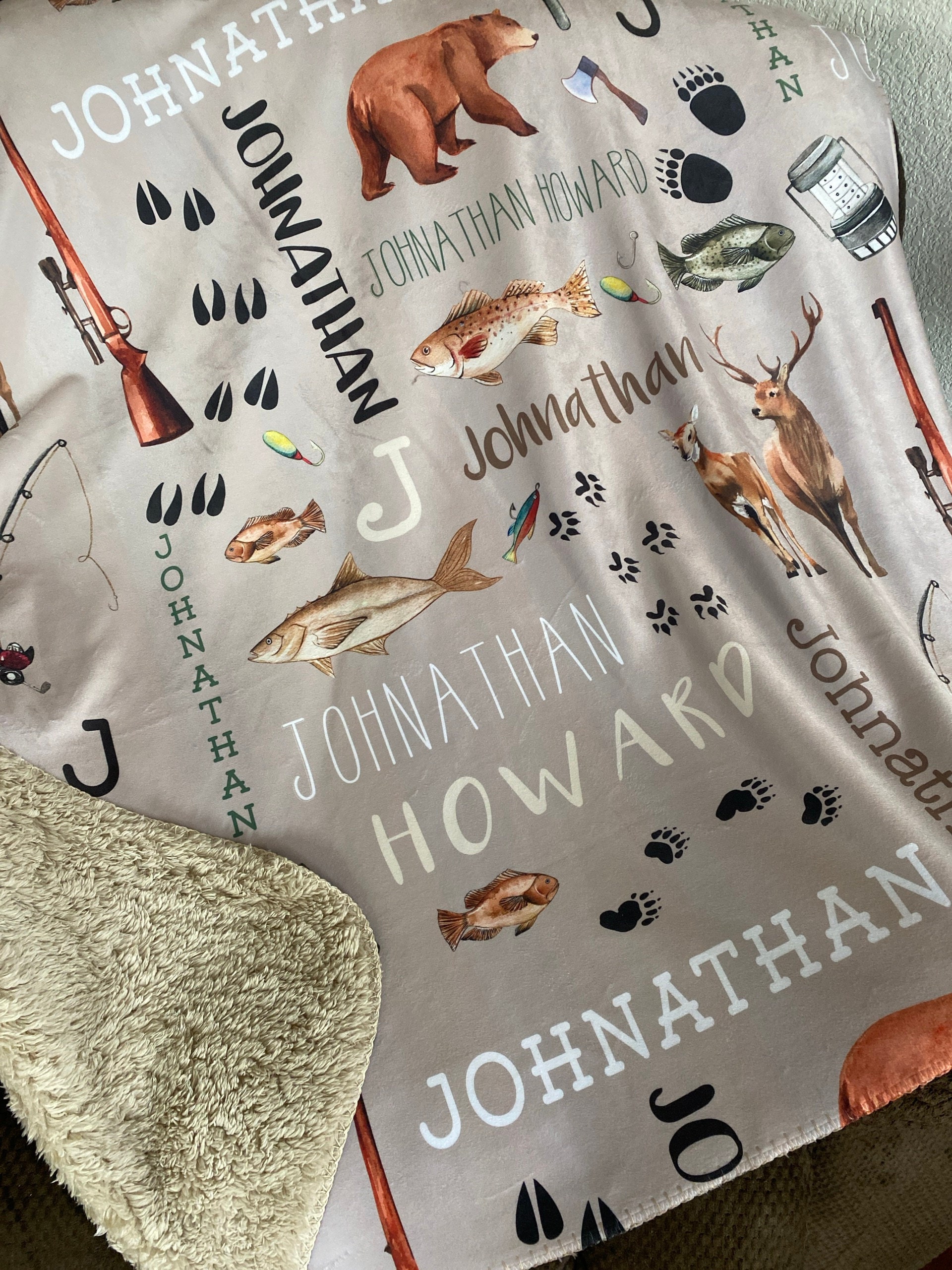 Personalized Hunting Fishing Blanket - Custom Hunting Baby Blanket- Hunting Baby Blanket - Personalized Name Blanket - Outdoors Bear Deer