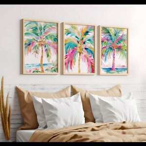 Preppy Palm Tree Wall Art - Bright Tropical Bathroom Wall