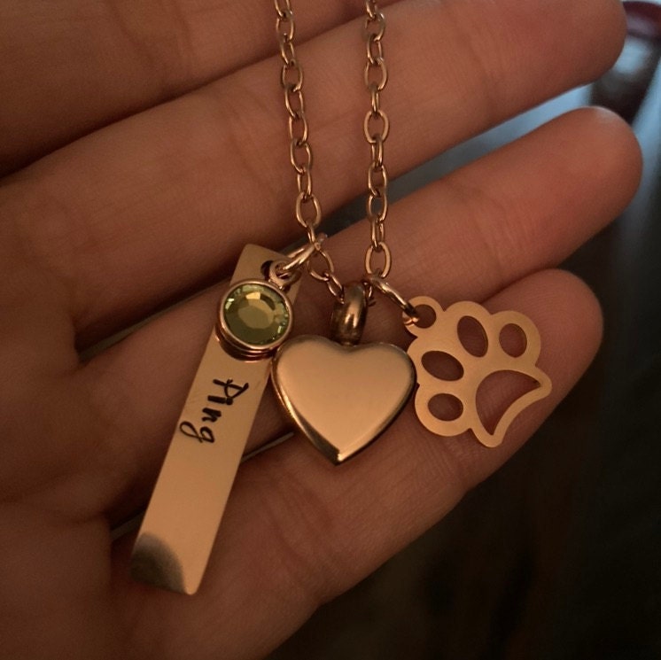 Rose Gold Pet urn necklace, personalized name Heart Dog Cat memorial