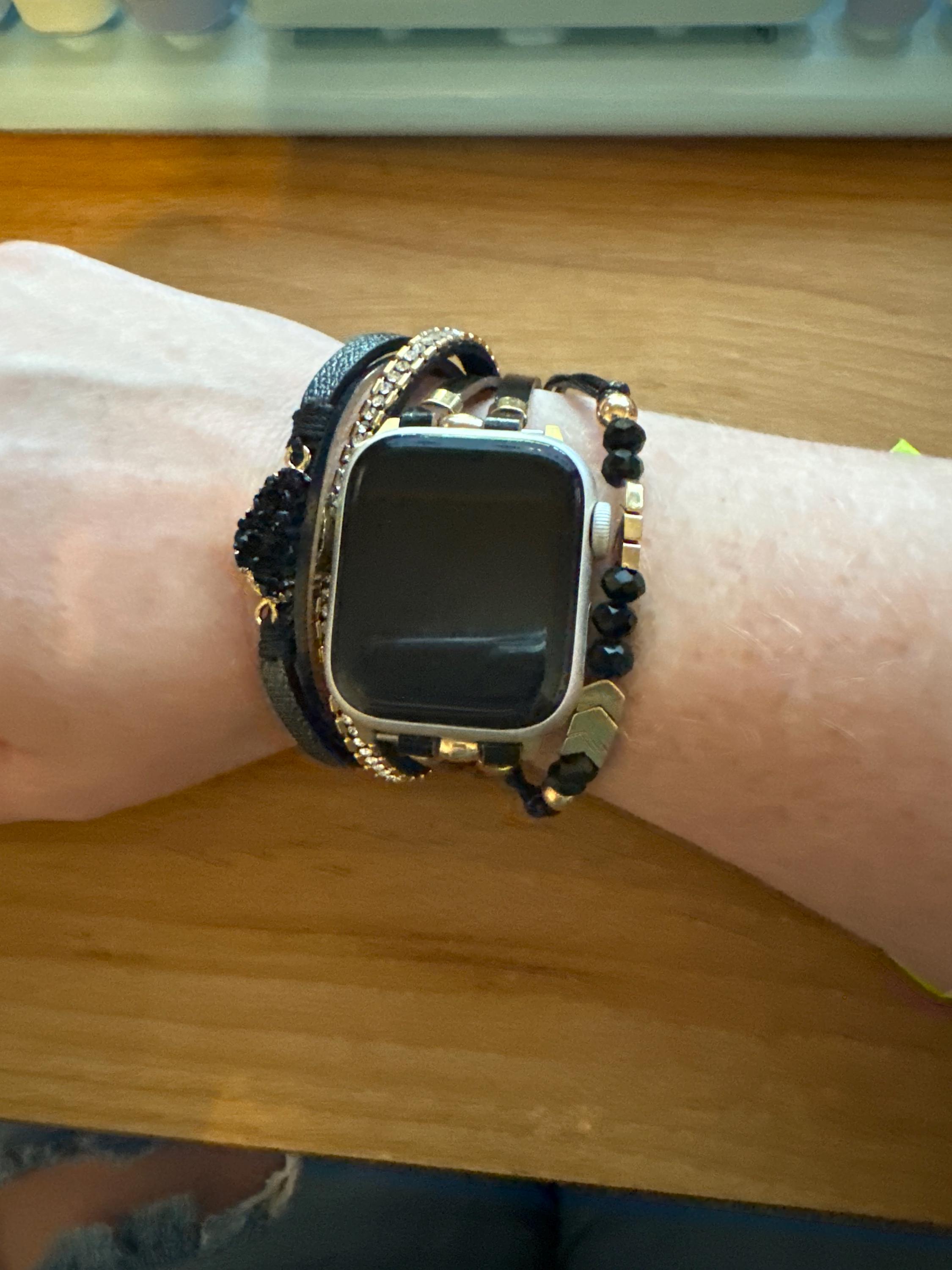 Boho Leather Bracelet Apple Watch Band 38/40/41/42/44/45/49mm Women Leather Multilayer Wrap Strap With Gemstone Crystals for iWatch Series