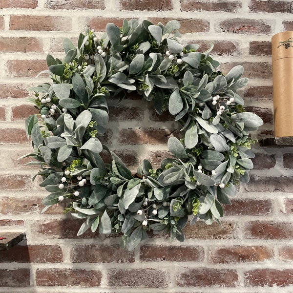 Year Round Lamb's Ear and Eucalyptus Wreath With White Berries, Winter ...