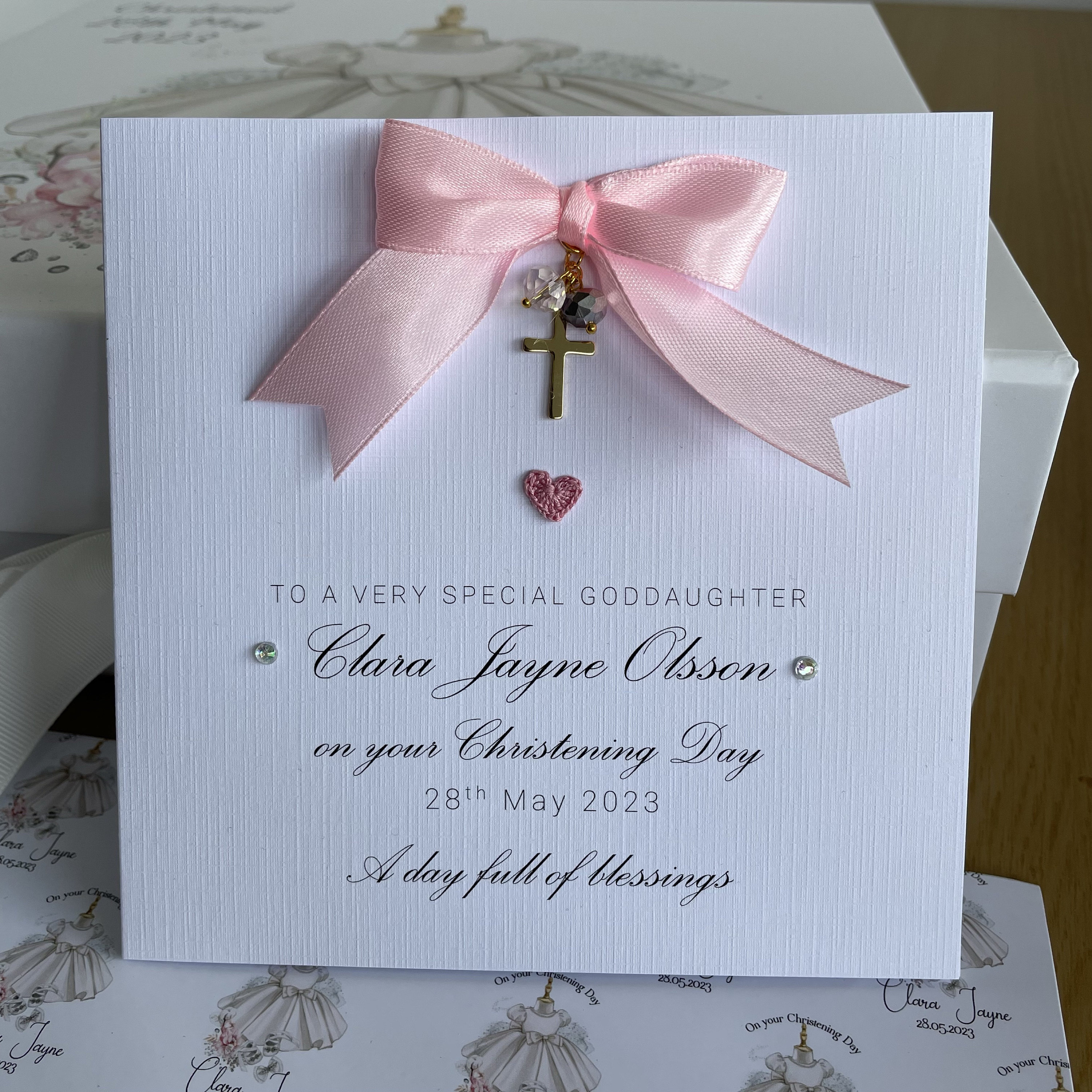 Luxury christening card for girls, personalised christening day, special handmade card, golden cross charm, sending blessings, TLC0012