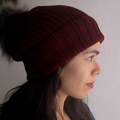 Burgundy Knitted Beanie With Pompom