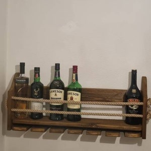 Wine Rack Wall Mounted Two tier Handcrafted Rustic Wood Bar Holds 8 Bottles of Wine Beer Gin Whisky Vodka and 5 Wine Glasses Etsy